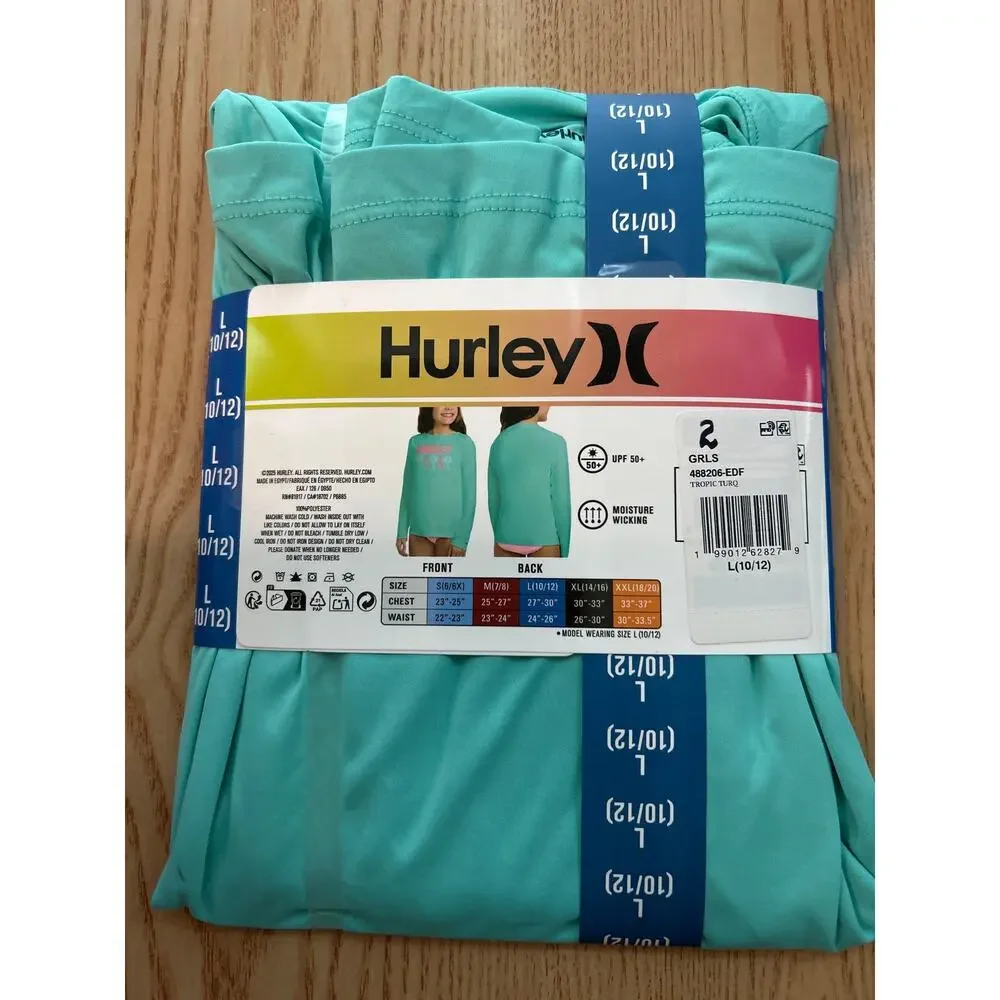 #2 New Girls Hurley Tropic Print Swim Top L Sleeve UPF 50+ Turquoise Large 10-12